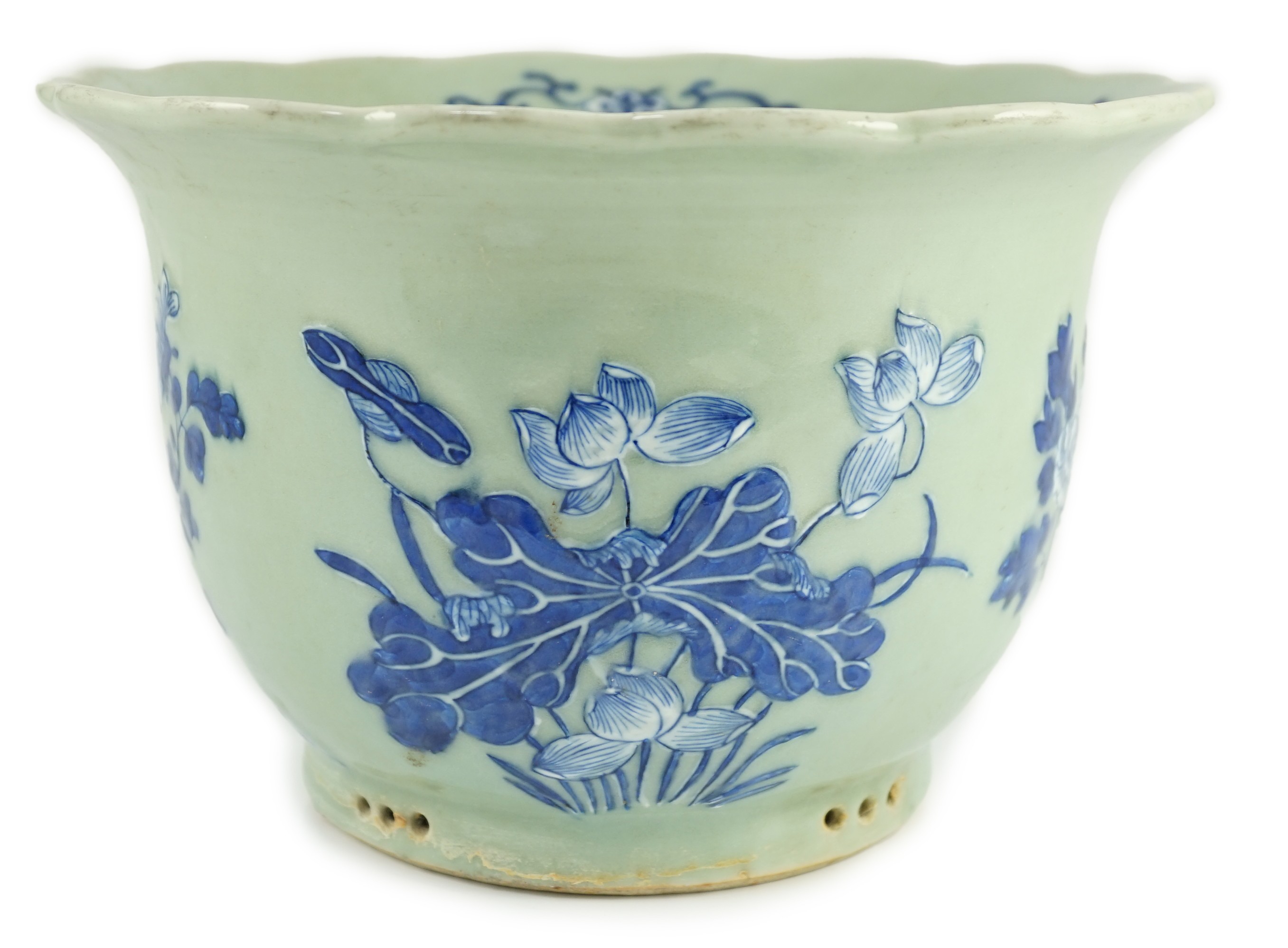 A Chinese blue and white celadon ground flower pot, late 19th century, 27.5cm diameter